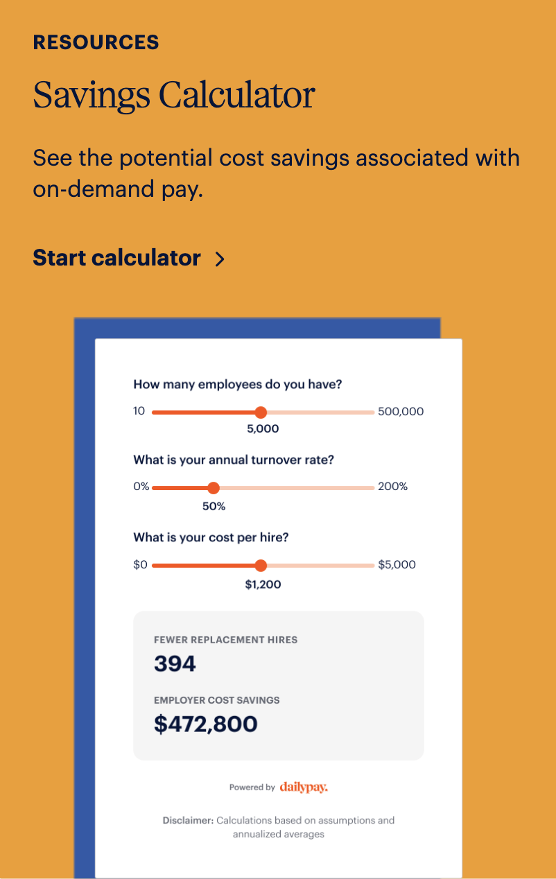 A savings calculator page displaying fields for number of employees, annual turnover rate, and cost per hire. Below these fields are results indicating fewer replacement hires, enhanced employee retention rate, and significant employer cost savings.